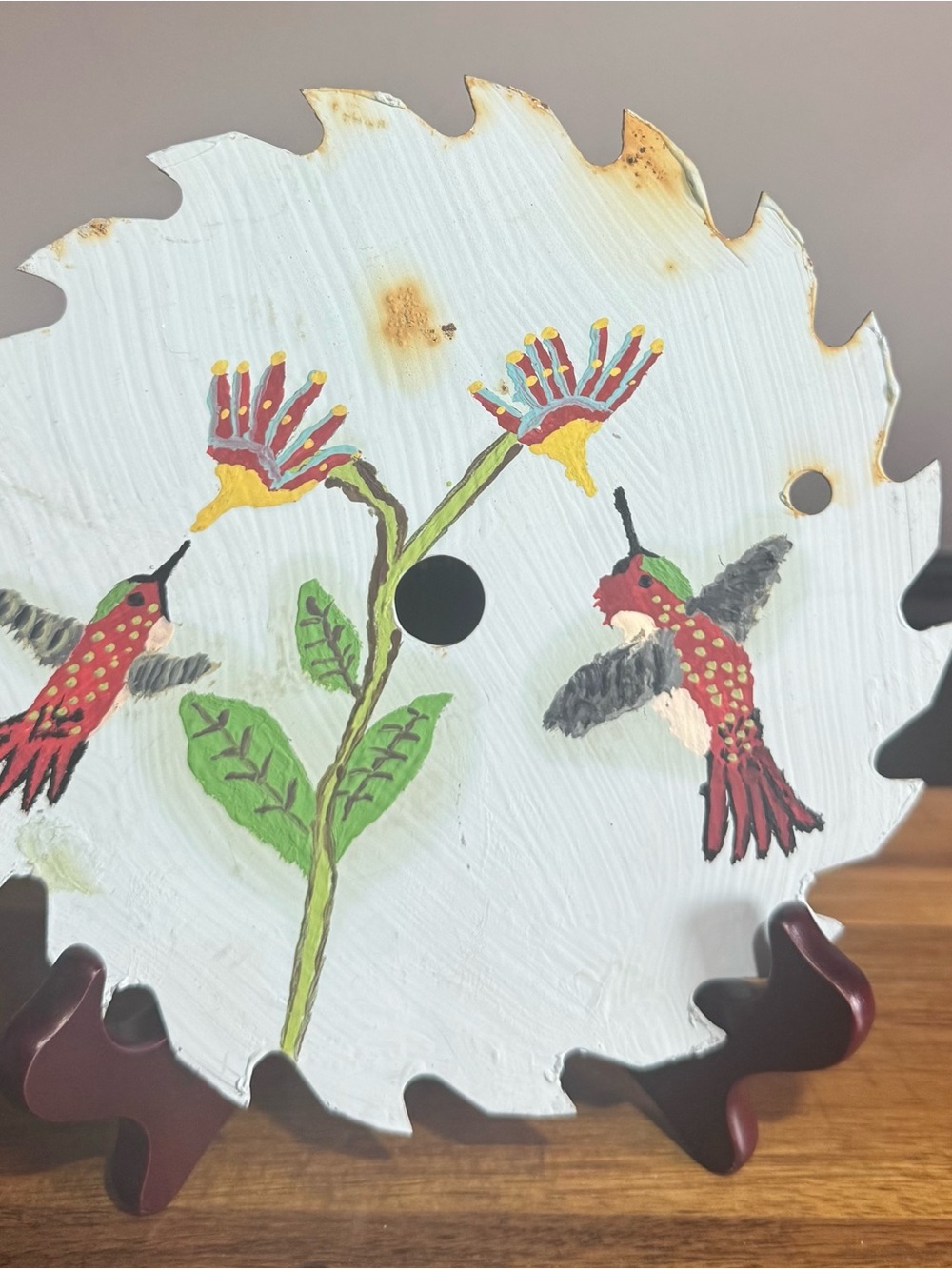 Hand-Painted Hummingbird Wall Decor Saw Blade  in Blue and Red